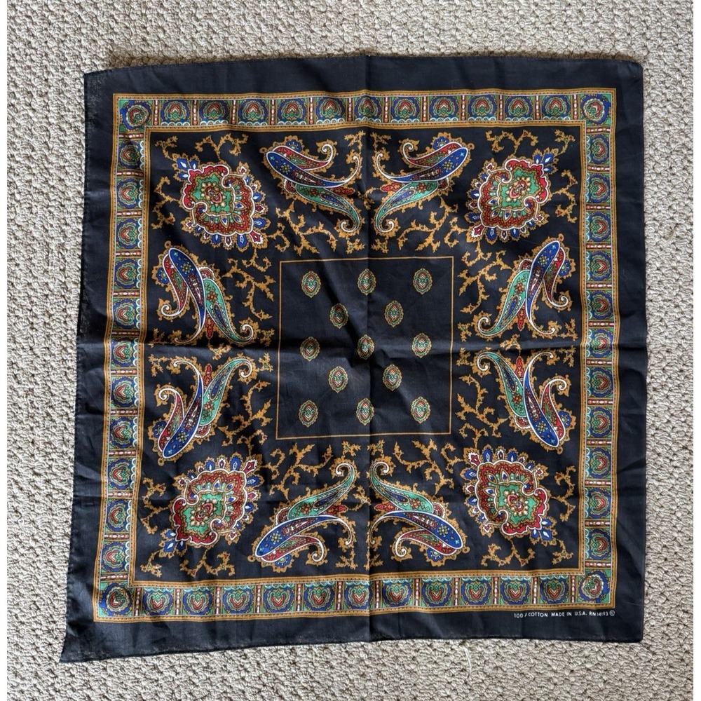 Vintage Black Paisley Bandana 100% Cotton USA RN14193 USA Made